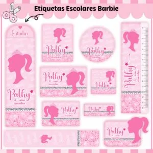 Conjunto de etiquetas escolares digitais em rosa com silhuetas femininas.