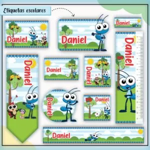 Conjunto de etiquetas escolares digitais com personagens de insetos e cenários de natureza.