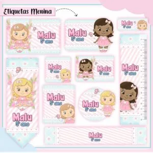 Etiquetas Escolares Bonequinha - Arquivo Digital 23 Conjunto de etiquetas digitais coloridas com ilustrações de meninas e texto decorativo.