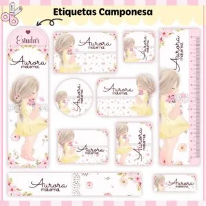 Conjunto de etiquetas digitais com ilustração de menina, flores e escrita variada.