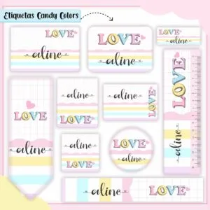 Coleção de etiquetas digitais com design pastel e a palavra "LOVE".
