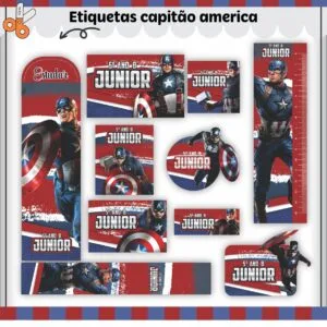 Conjunto de etiquetas digitais com um personagem heróico em uniforme azul e vermelho.