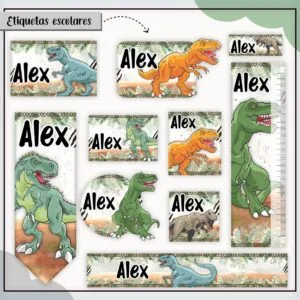 Coleção de etiquetas escolares personalizáveis com ilustrações de dinossauros coloridos em fundo vegetal.