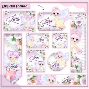 Conjunto de etiquetas digitais com fadas, flores, borboletas e o texto "Jina".