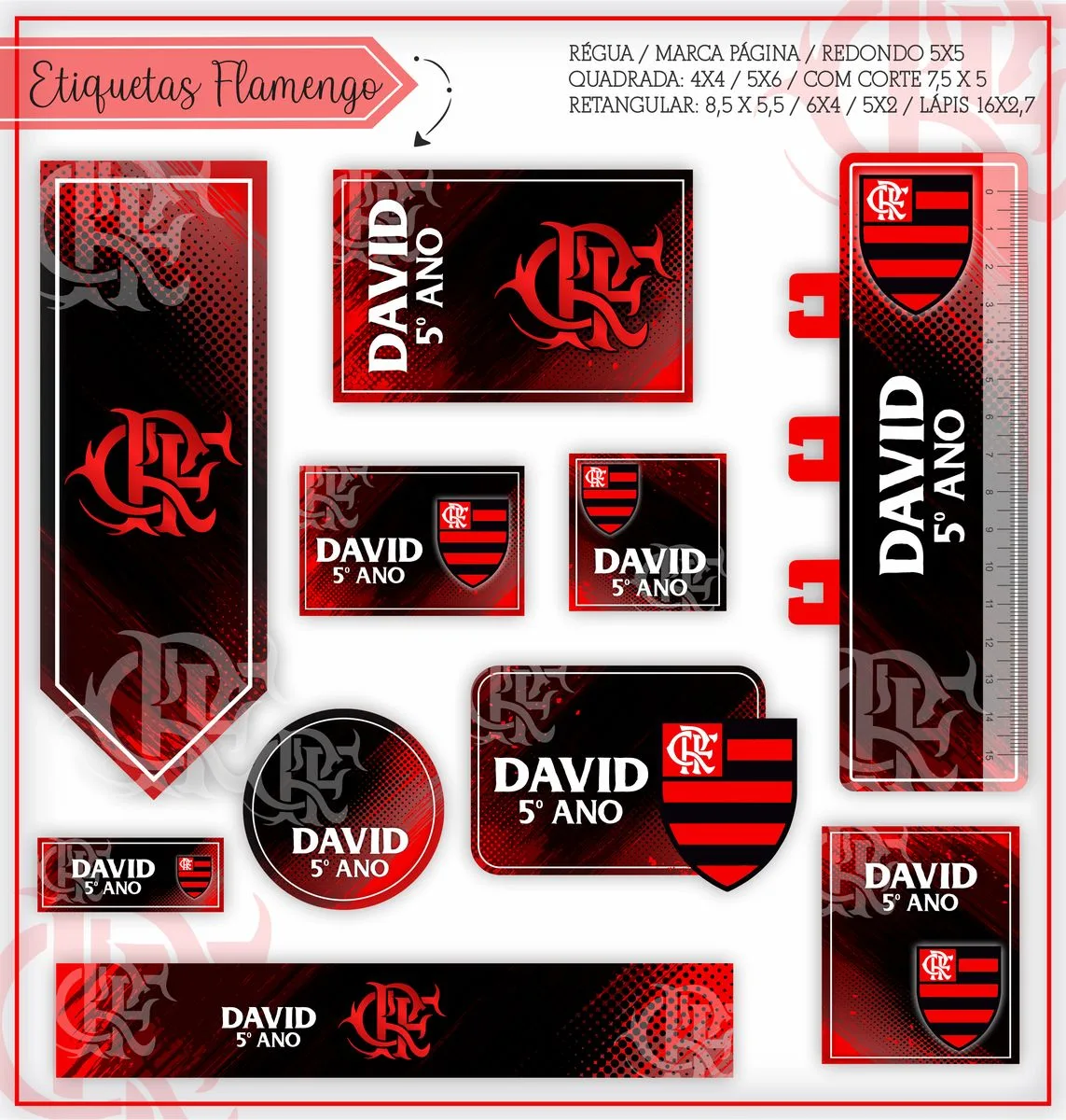 Conjunto de etiquetas digitais em preto e vermelho com formatos variados e símbolos gráficos.