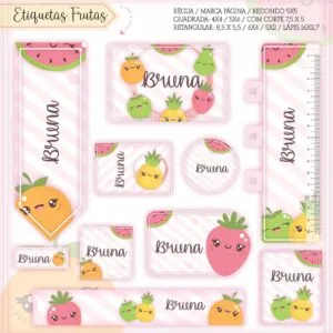 Etiquetas Escolares Frutinhas - Arquivo Digital 24 Folha de etiquetas com frutas fofas, listras rosas e nome repetido