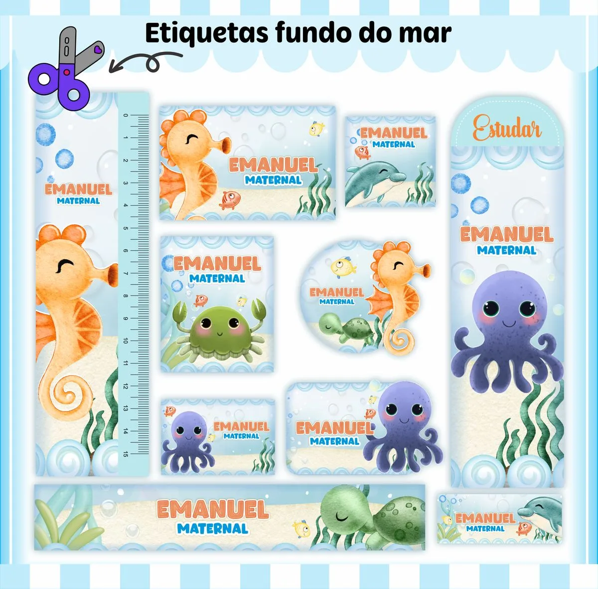 Variadas etiquetas digitais infantis com tema de fundo do mar e criaturas marinhas.