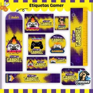 Etiquetas Escolares Gamer V2 - Arquivo Digital 10 Etiquetas digitais vibrantes com tema gamer, controles de videogame, chamas estilizadas e padrões geométricos.