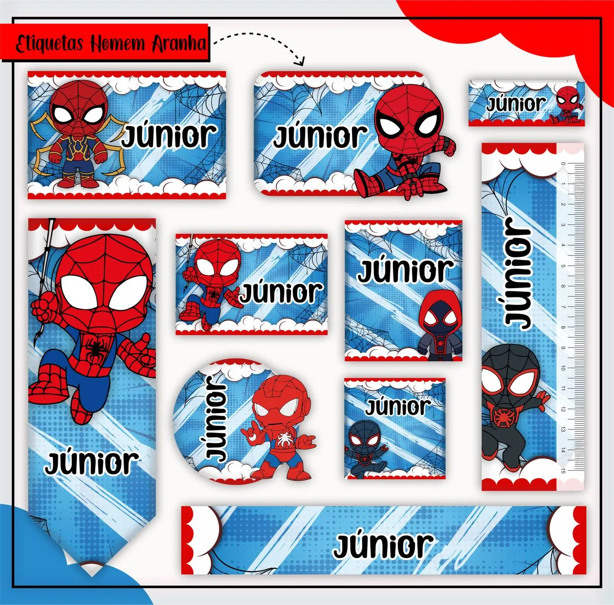 Etiquetas Escolares Homem Aranha - Arquivo Digital 1 Conjunto de etiquetas digitais com figura de herói mascarado em fundo de teias e nuvens.