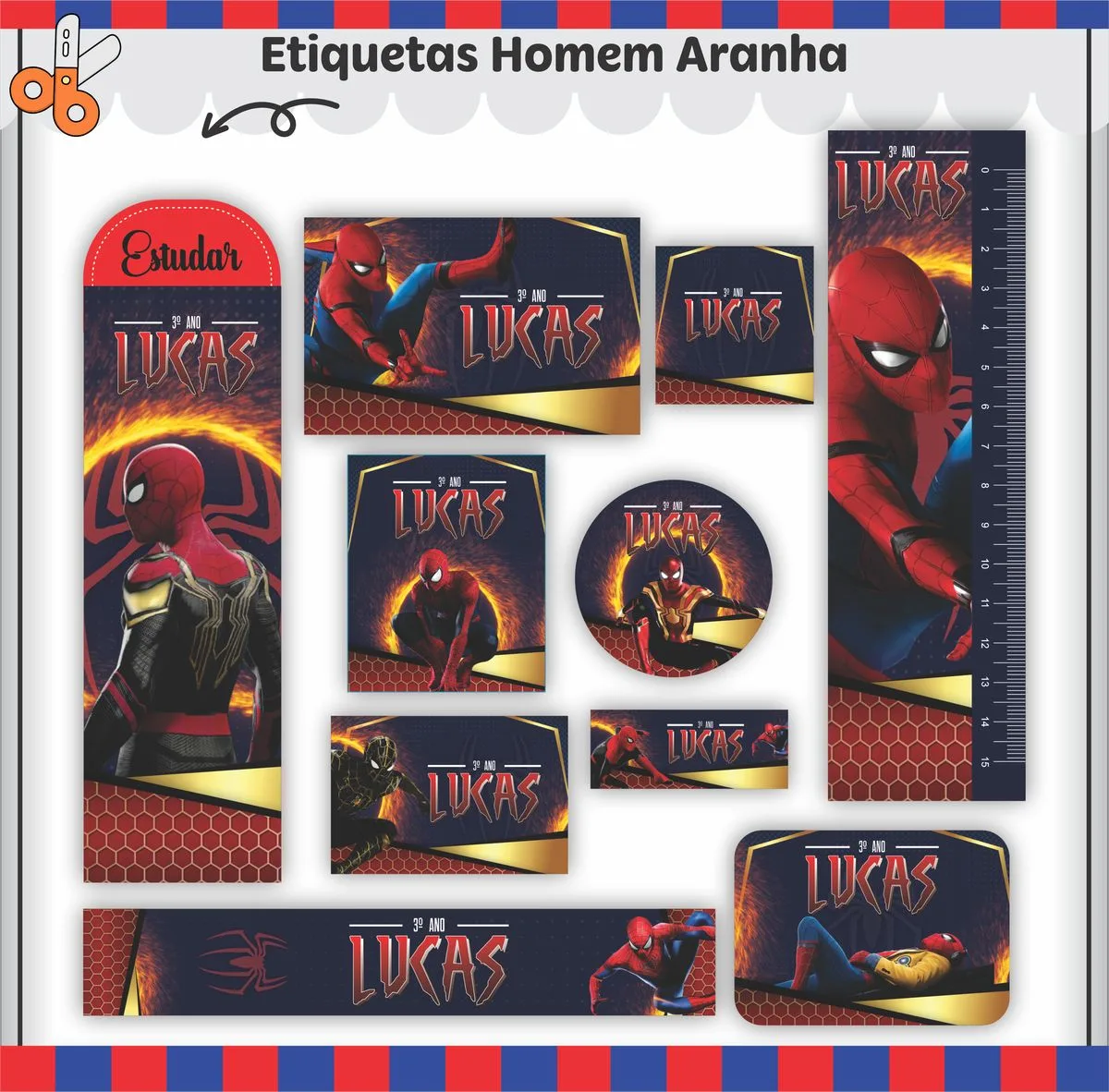 Conjunto de etiquetas digitais escolares com figura de herói em traje vermelho e azul.