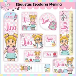 Coleção de etiquetas escolares digitais rosa com ilustrações de menina e material escolar.