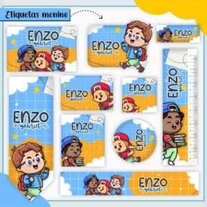 Etiquetas Escolares Menininho - Arquivo Digital 38 Etiquetas digitais com meninos animados, texto escrito, fundo de céu e régua exposta.