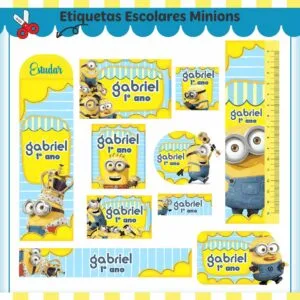 Diversas etiquetas escolares com personagens amarelos, óculos e macacões azuis em fundo listrado.