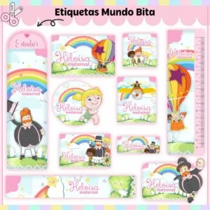 Coleção de etiquetas digitais infantis com texto 'maternal', arco-íris, personagens e balões coloridos.