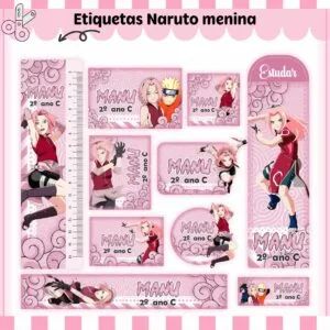 Etiquetas Escolares Naruto Menina - Arquivo Digital 33 Conjunto de etiquetas digitais rosas com personagem de cabelo rosa em poses dinâmicas.
