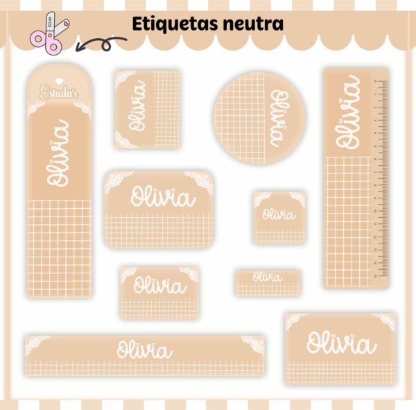 Etiquetas Escolares Neutro Bege - Arquivo Digital
