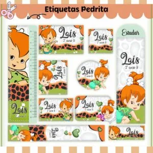 Conjunto de etiquetas digitais coloridas com bebê ruivo e uma tesoura.