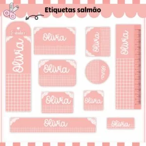 Conjunto de adesivos digitais em tom salmão com desenhos quadriculados e rendas.