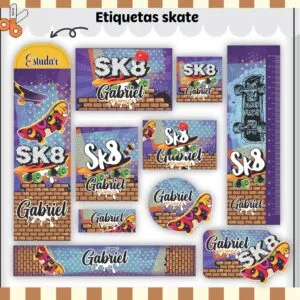 Etiquetas Escolares Skate - Arquivo Digital 34 Coleção de etiquetas digitais temáticas de skate com o nome Gabriel.