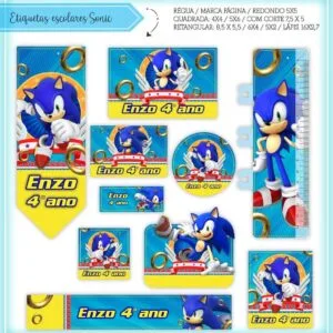 Etiquetas Escolares Sonic - Arquivo Digital 14 Conjunto de etiquetas escolares digitais exibindo um personagem azul e anéis dourados.