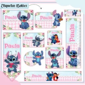Conjunto de etiquetas digitais com personagem azul e figura humana, decoradas com o nome 'Paula'.