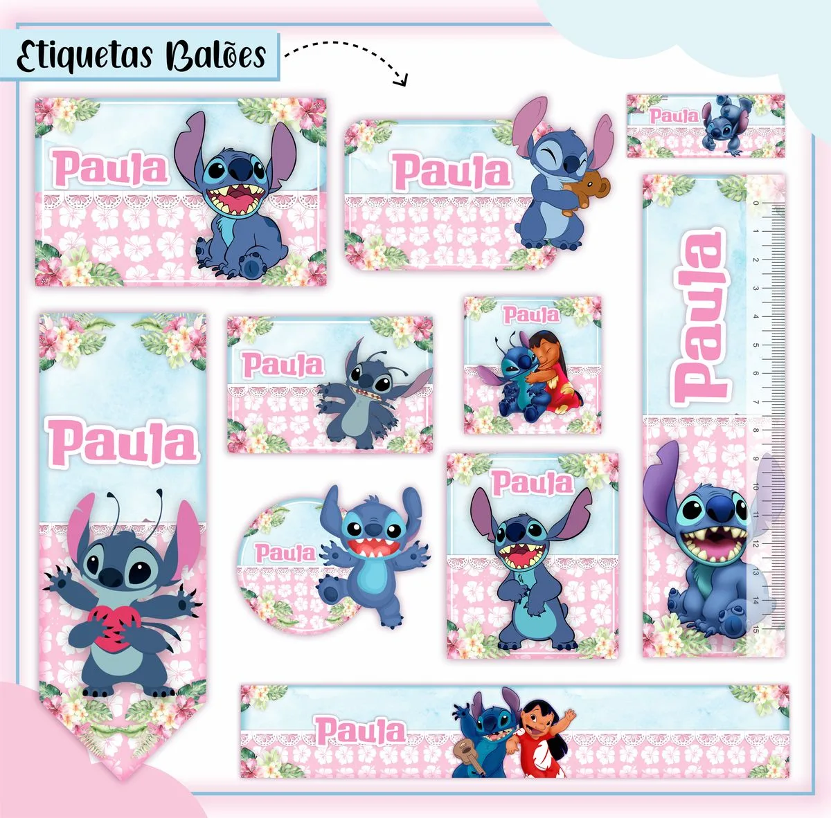Conjunto de etiquetas digitais com personagem azul e figura humana, decoradas com o nome 'Paula'.