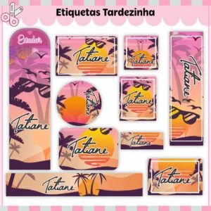 Etiquetas Escolares Tardezinha - Arquivo Digital 35 Etiquetas digitais exibindo um pôr do sol com palmeiras, óculos de sol e pássaros.