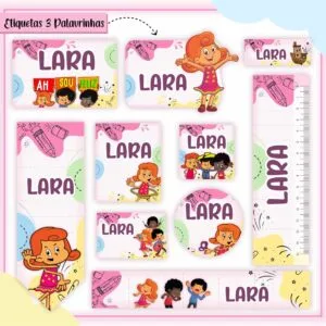 Conjunto de etiquetas coloridas com personagens infantis e elementos escolares variados.