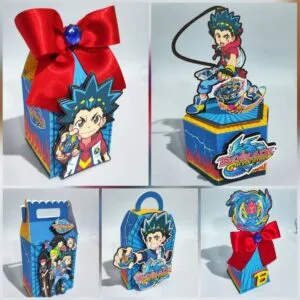 Festa Beyblade - Studio e pdf 6 Caixinhas decoradas em papel com temas coloridos e personagens animados em destaque.