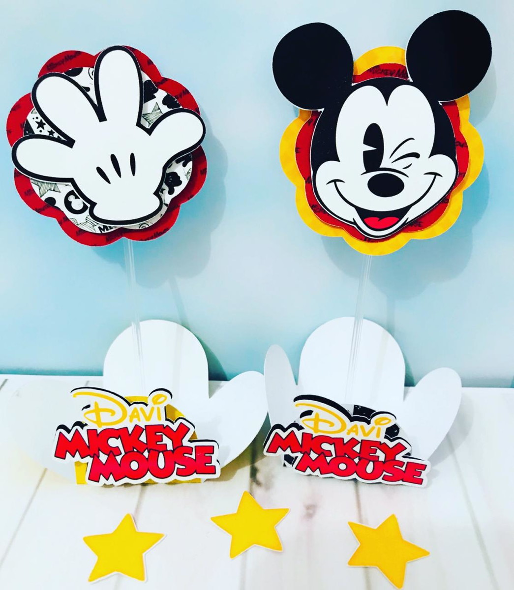 Festa Mickey - Arquivo Digital 3 Arte digital de centros de mesa e toppers do Mickey Mouse para festas infantis.