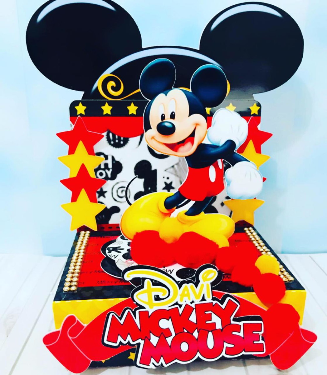 Festa Mickey - Arquivo Digital 4 Arte digital de caixa personalizada Mickey Mouse com estrelas e orelhas icônicas.