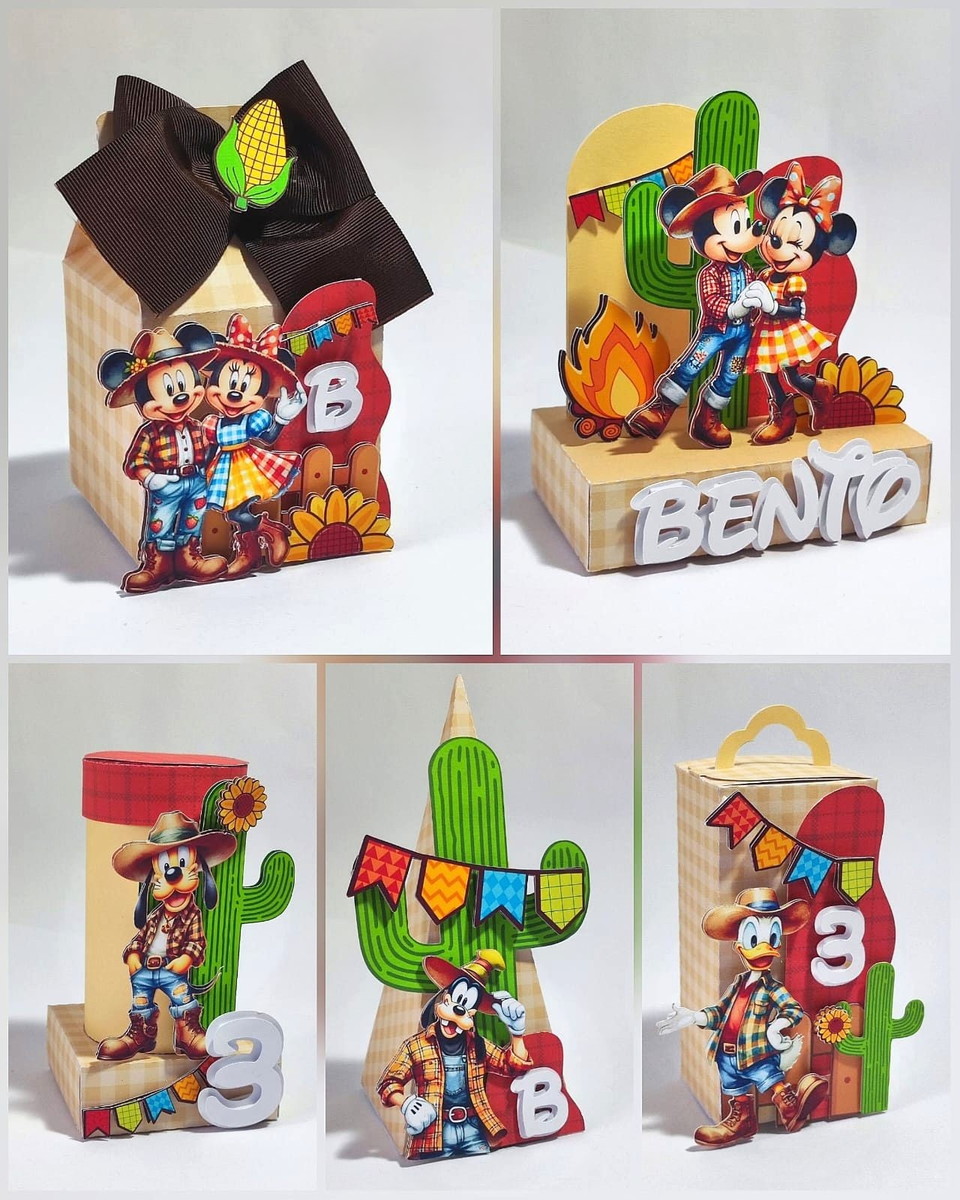 Festa São João Mickey e Minnie - Studio e pdf 1 Arte digital de caixas e enfeites temáticos Festa Junina com personagens Disney.
