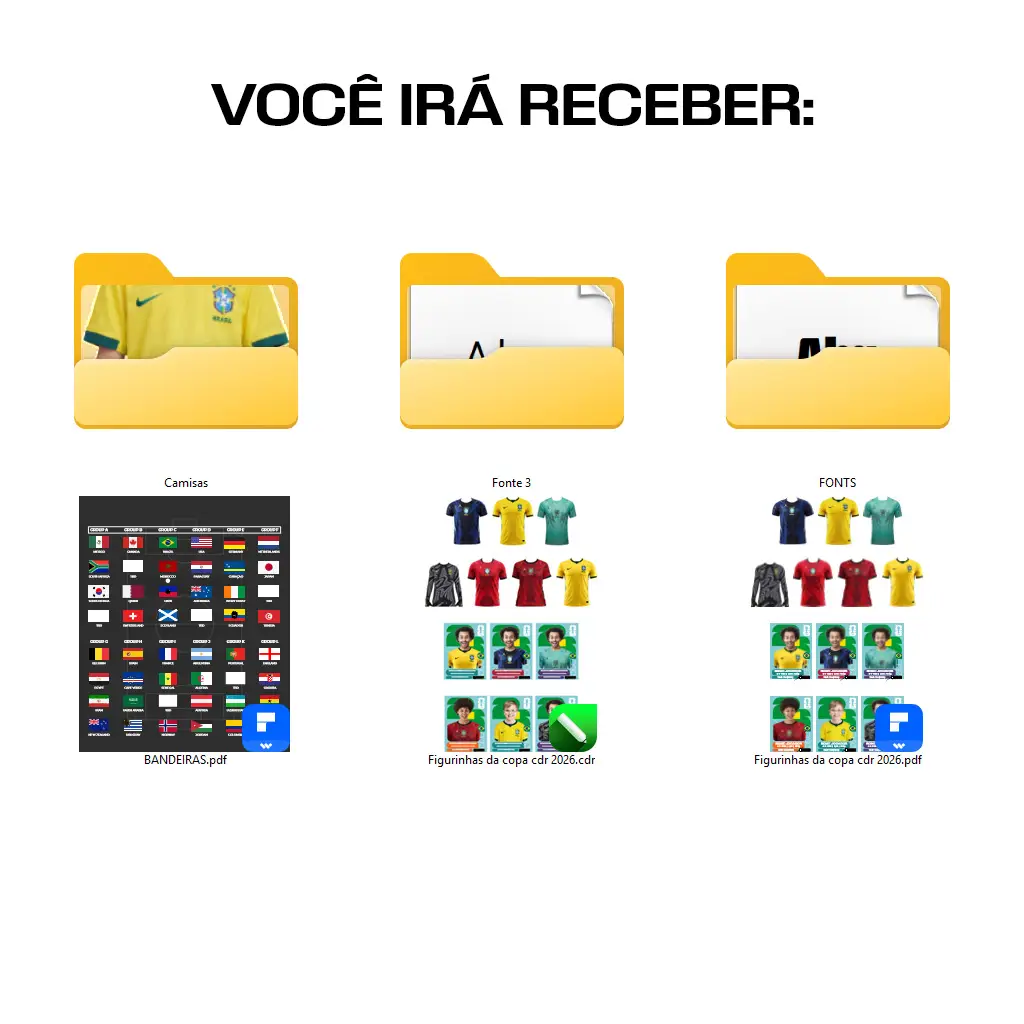 Figurinhas Copa 2026 Editável em CorelDRAW para Personalizar 2 Kit digital Copa 2026: bandeiras PDF, fontes, camisas e figurinhas CDR/PDF de futebol.