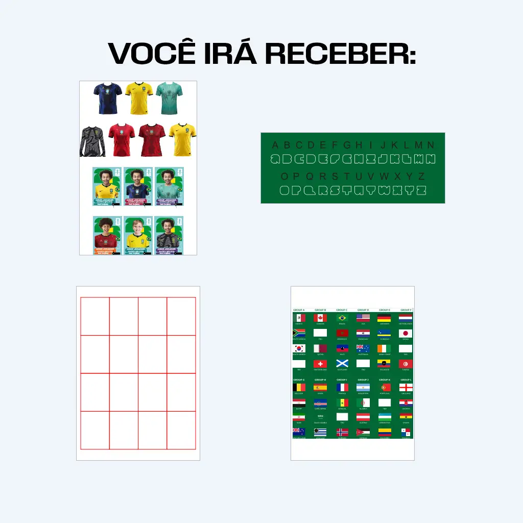 Figurinhas Copa 2026 Editável em CorelDRAW para Personalizar 3 Kit digital de futebol: fontes vetorizadas, figurinhas, camisas e bandeiras.