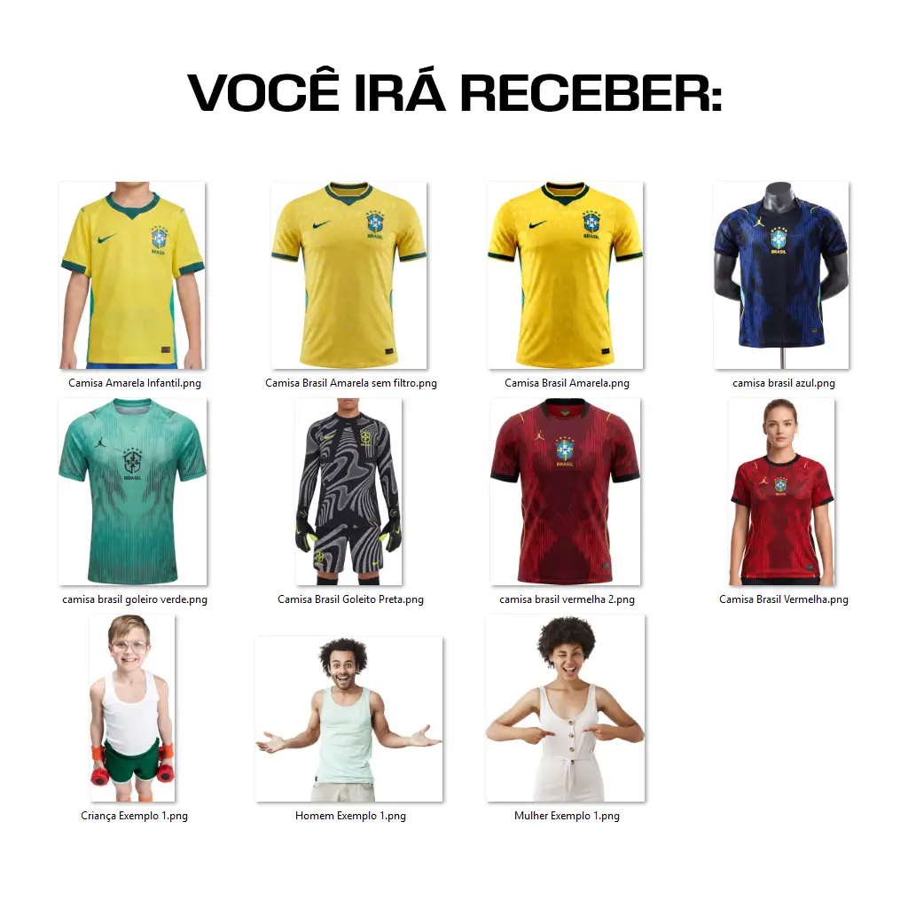 Figurinhas Copa 2026 Editável em CorelDRAW para Personalizar 4 Kit de arquivos PNG de camisas da seleção brasileira de futebol.