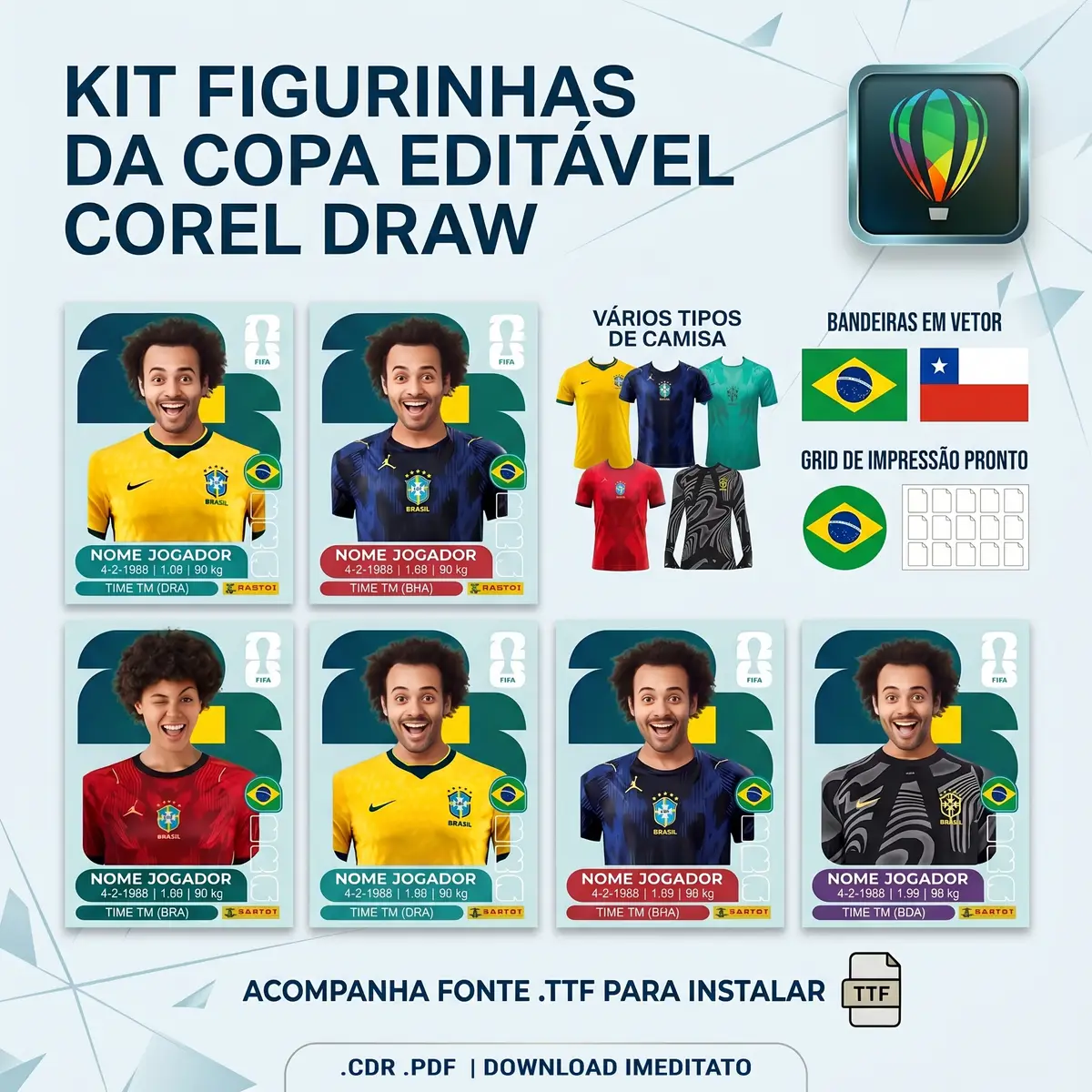 Figurinhas Copa 2026 Editável em CorelDRAW para Personalizar 1 Kit figurinhas digitais Corel Draw Copa, jogadores, camisas, bandeiras vetorizadas.