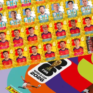 Figurinhas Copa 2026 Gold Crumple Edition Douradas em PDF 8 Arte digital com cromos de jogadores em camisas de seleções e logo de torneio.