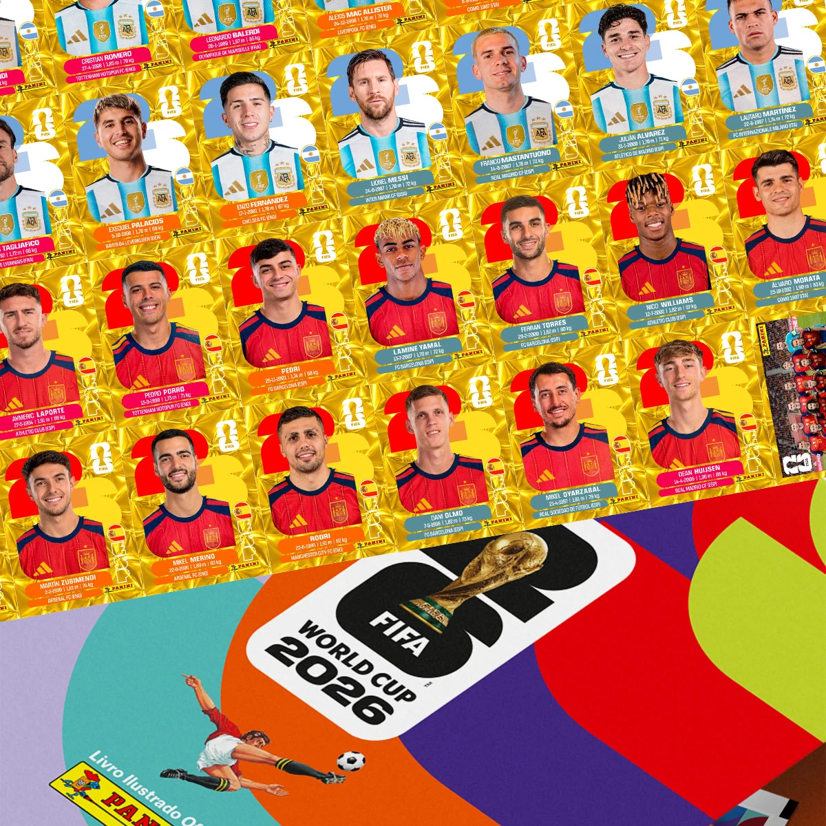 Figurinhas Copa 2026 Gold Crumple Edition Douradas em PDF 1 Arte digital com cromos de jogadores em camisas de seleções e logo de torneio.