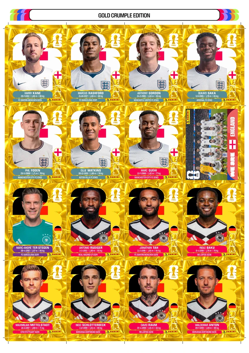 Figurinhas Copa 2026 Gold Crumple Edition Douradas em PDF 10 Arte digital de figurinhas de futebol douradas com jogadores das seleções da Inglaterra e Alemanha.