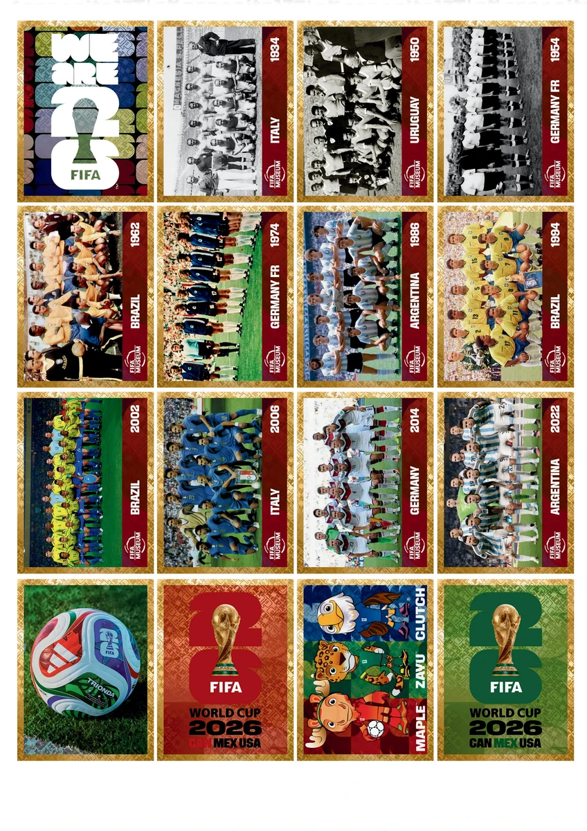 Figurinhas Copa 2026 Gold Crumple Edition Douradas em PDF 8 Coleção de arte digital com cartões de times de futebol e eventos futuros.