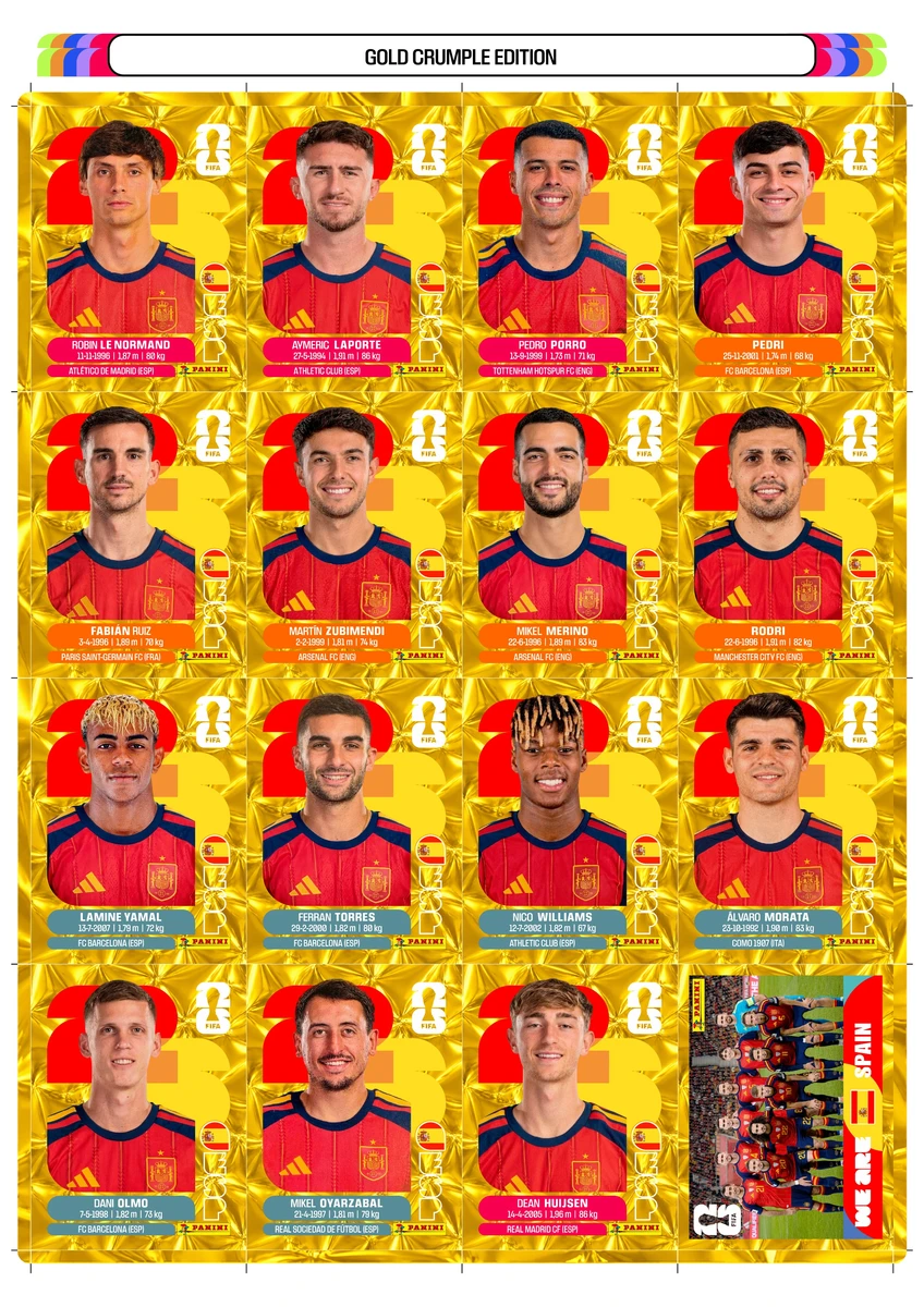 Figurinhas Copa 2026 Gold Crumple Edition Douradas em PDF 7 Arte digital de vários cartões de jogadores de futebol em edição dourada, com bandeira da Espanha.
