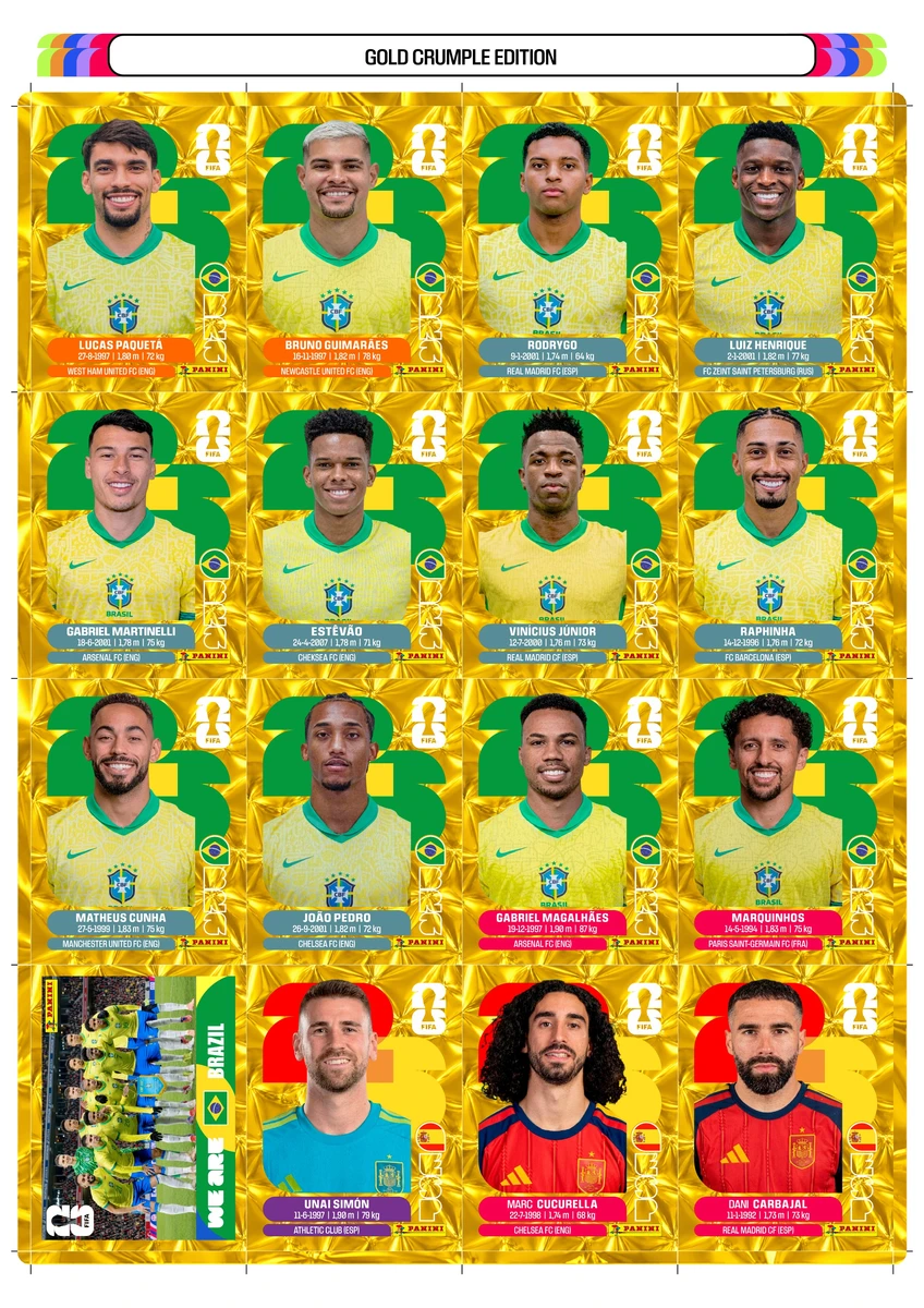 Figurinhas Copa 2026 Gold Crumple Edition Douradas em PDF 6 Cartões digitais colecionáveis de jogadores de futebol em fundo dourado amassado, com emblemas.