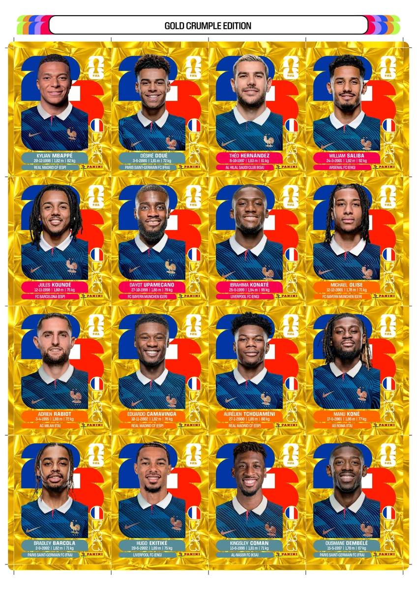 Figurinhas Copa 2026 Gold Crumple Edition Douradas em PDF 5 Dezoito cartas digitais douradas com homens sorridentes em uniformes de futebol da França.