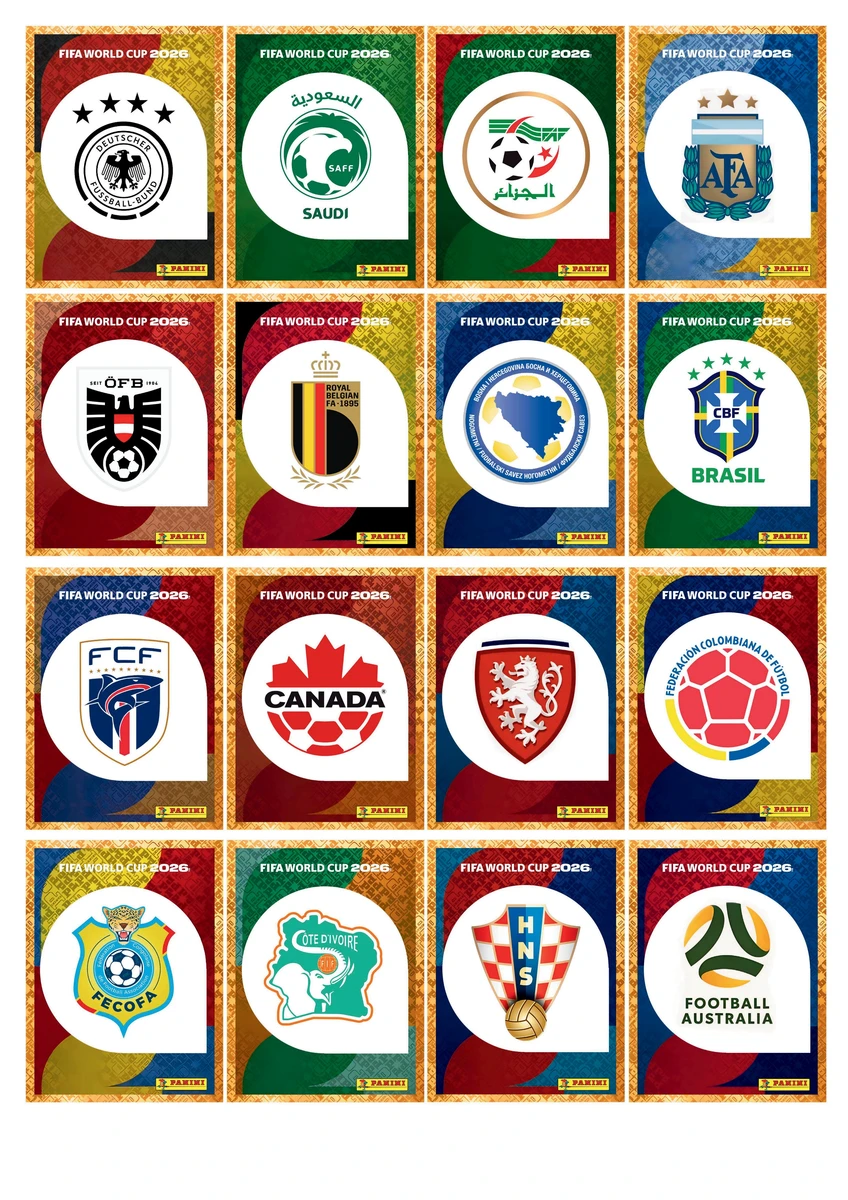 Figurinhas Copa 2026 Gold Crumple Edition Douradas em PDF 4 Grid de figurinhas digitais com emblemas de associações de futebol para 2026.