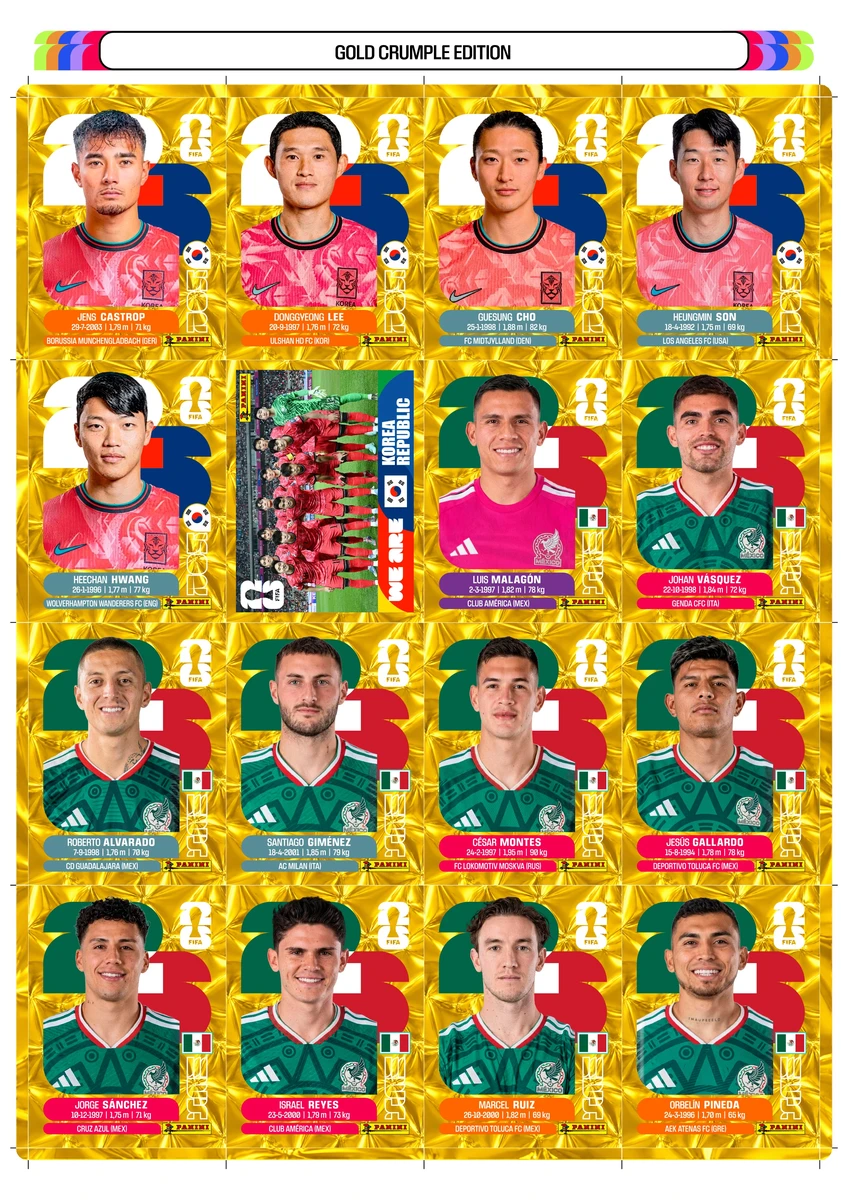 Figurinhas Copa 2026 Gold Crumple Edition Douradas em PDF 3 Arte digital com figurinhas de jogadores de futebol da Coreia do Sul e México.