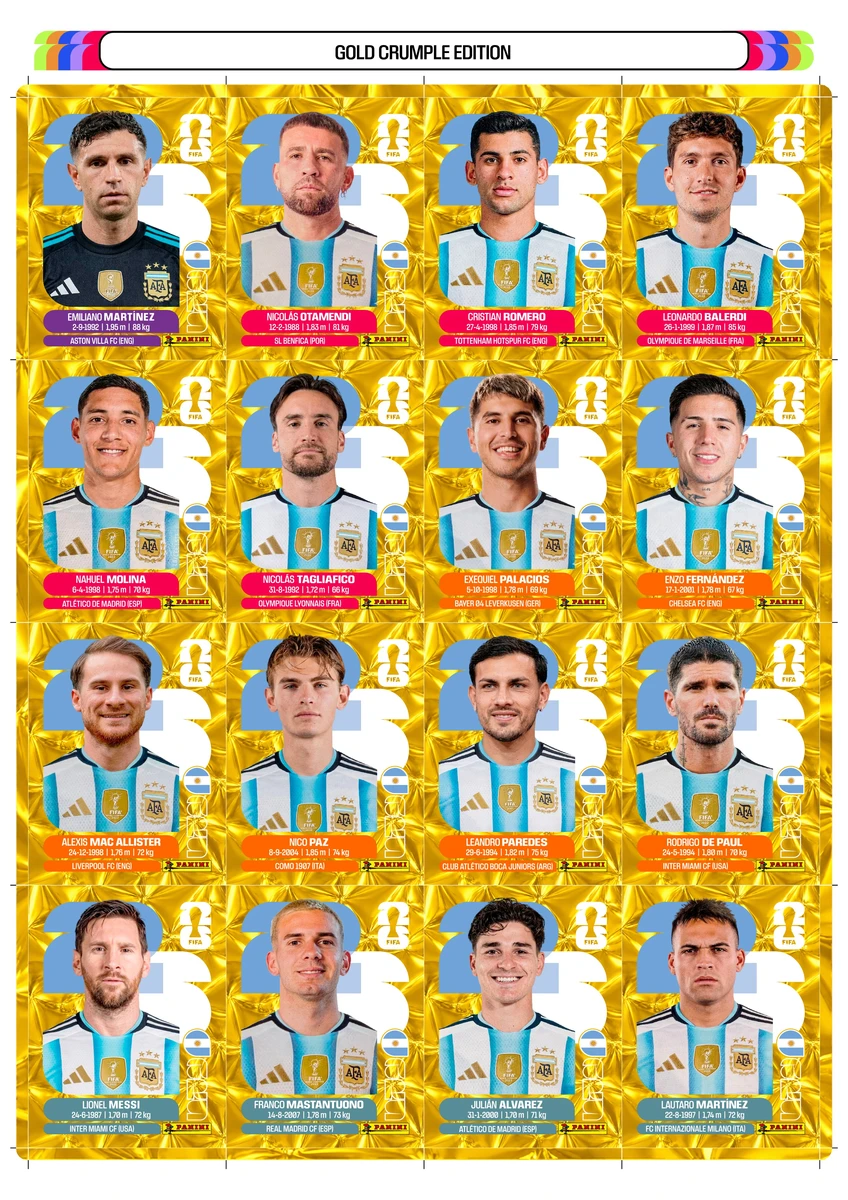 Figurinhas Copa 2026 Gold Crumple Edition Douradas em PDF 2 Coleção digital de figurinhas de jogadores de futebol com fundo dourado amassado e uniforme da Argentina.