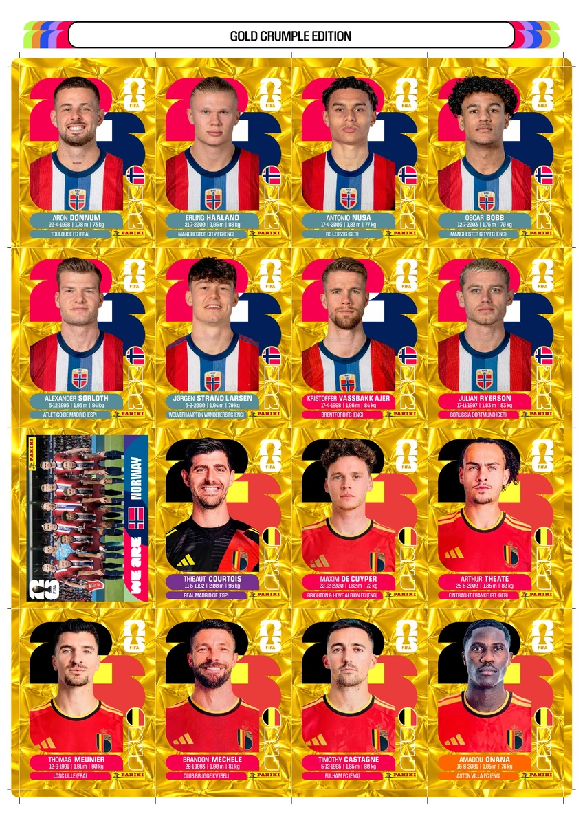 Figurinhas Copa 2026 Gold Crumple Edition Douradas em PDF 9 Coleção digital de figurinhas de futebol com atletas em fundo dourado amassado.
