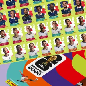 Arte digital de cromos de jogadores de futebol e capa de álbum da Copa do Mundo 2026.