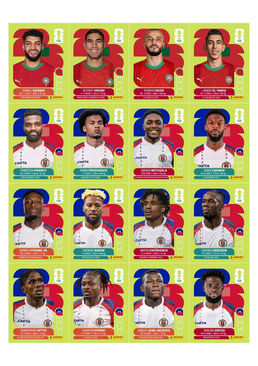 Figurinhas Copa 2026 United Edition - Edição Suiça em PDF 10 Uma grade de dezesseis cartões digitais de jogadores de futebol com design vibrante.