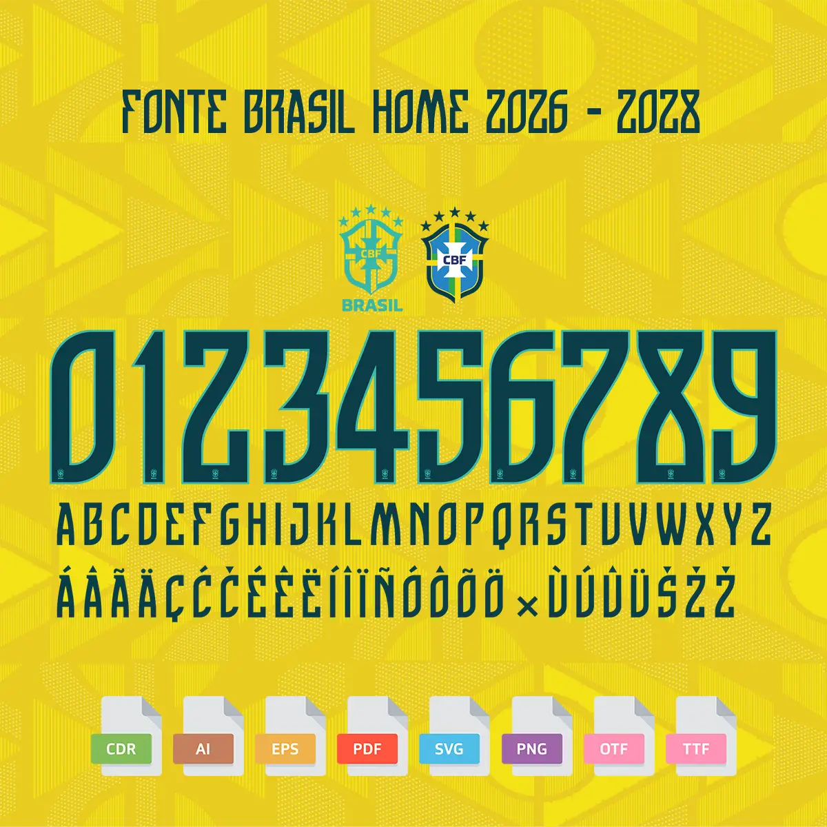 Fonte Camisa Brasil 2026 Home Vetor AI PDF SGV PNG OTF TTF 1 Fonte vetorizada da Seleção Brasileira 2026-2028 em formatos TTF, OTF e SVG.